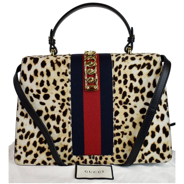 GUCCI Leopard Print Sylvie Medium Calf Hair Top Handle Bag Beige 431665