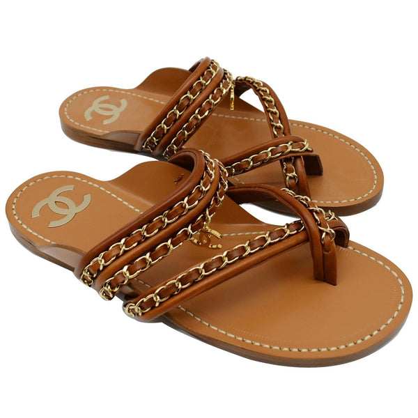 Chanel Thong CC Charm Leather Flat Sandals Brown