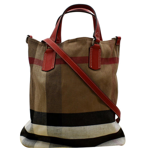 BURBERRY Susanna Medium Check Canvas Leather Bucket Shoulder Bag Red