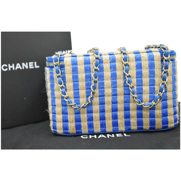 Chanel Raffia Jute Striped Vanity Case Chain Crossbody Bag blue