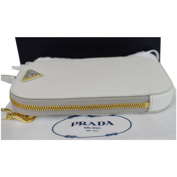 PRADA Saffiano Triangle Leather Crossbody Phone Pouch Bag White