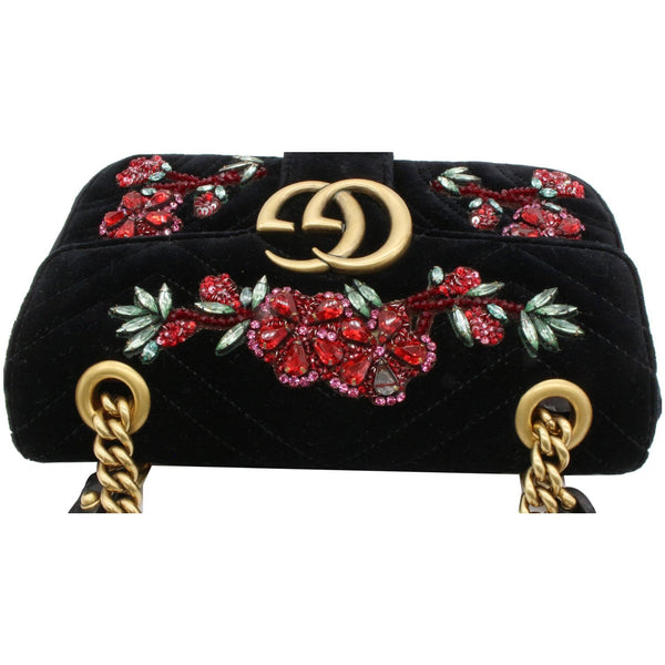 Gucci GG Marmont Floral Gems Mini Velvet Matelasse Embroidered Shoulder Bag Black