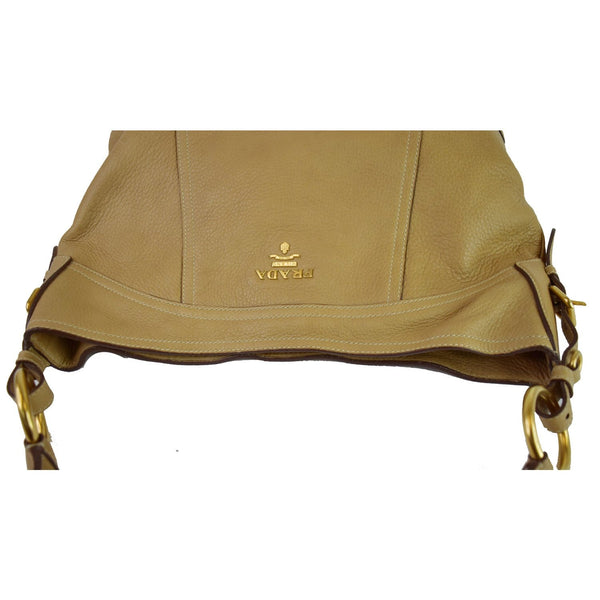 PRADA Vitello Daino Large Leather Hobo Shoulder Bag Beige