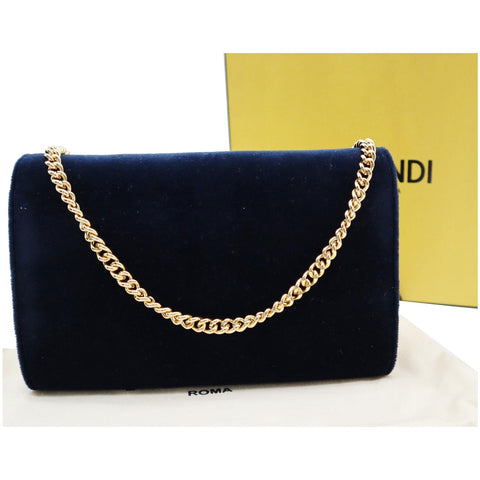 FENDI F Logo Velvet Wallet On Chain Crossbody Bag Dark Blue