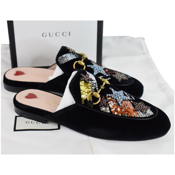 GUCCI Princetown Sequined Suede Mules Slipper Black US 5.5