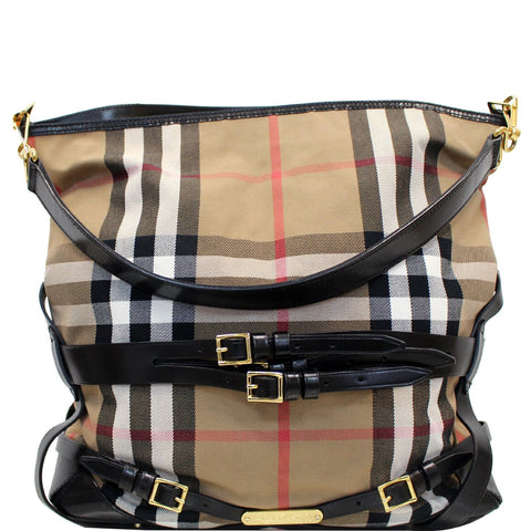 BURBERRY Bridle House Check Canvas Gosford Hobo Bag Black