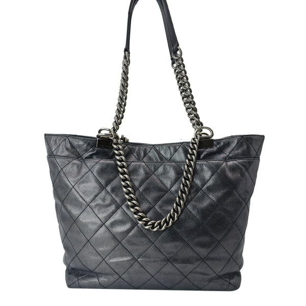 CHANEL Shopping In Chains Calfskin Quilted Large Tote Bag Black
