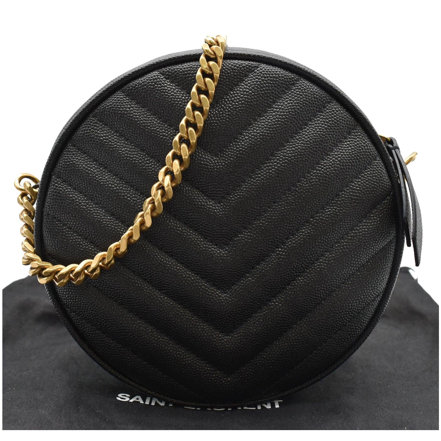 VINYLE round camera bag in chevron-quilted grain de poudre embossed leather, Saint Laurent