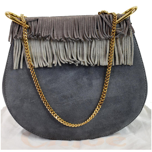 CHLOE Fringe Drew Suede Leather Shoulder Bag Grey