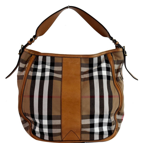BURBERRY House Check Leather Hobo Bag Brown