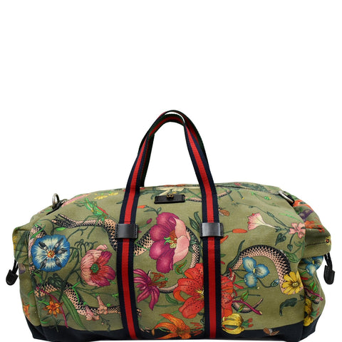 GUCCI Floral Animal Canvas Web Duffel Travel Bag Khaki Green 450983
