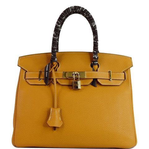 HERMES Birkin 30cm 2014 Clemence Leather Tote Bag Mustard