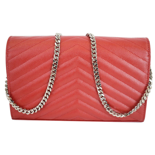 YVES SAINT LAURENT Matelasse Chevron Leather Envelope Chain Wallet Red