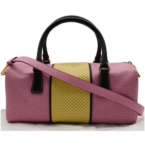 PRADA Bowling Perforated Saffiano Leather Satchel Bag Pink/Yellow