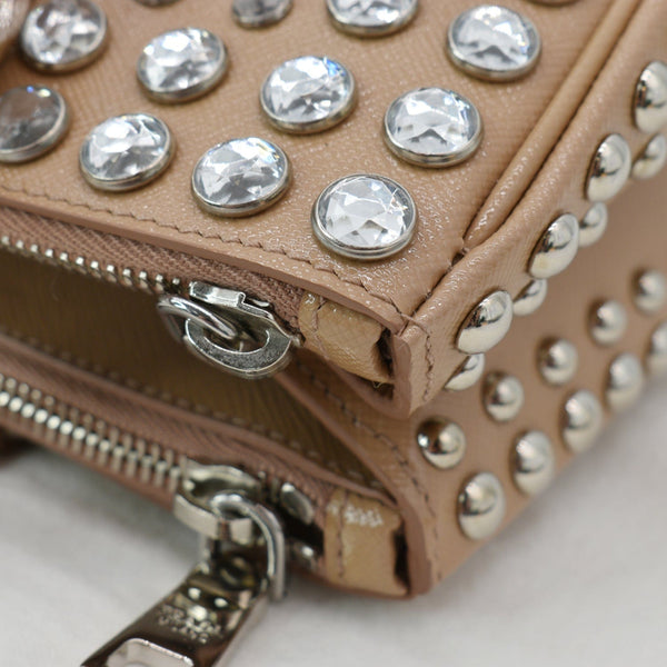 PRADA Women Vernice Crystal Studded Saffiano Leather Top Handle Shoulder Bag Beige