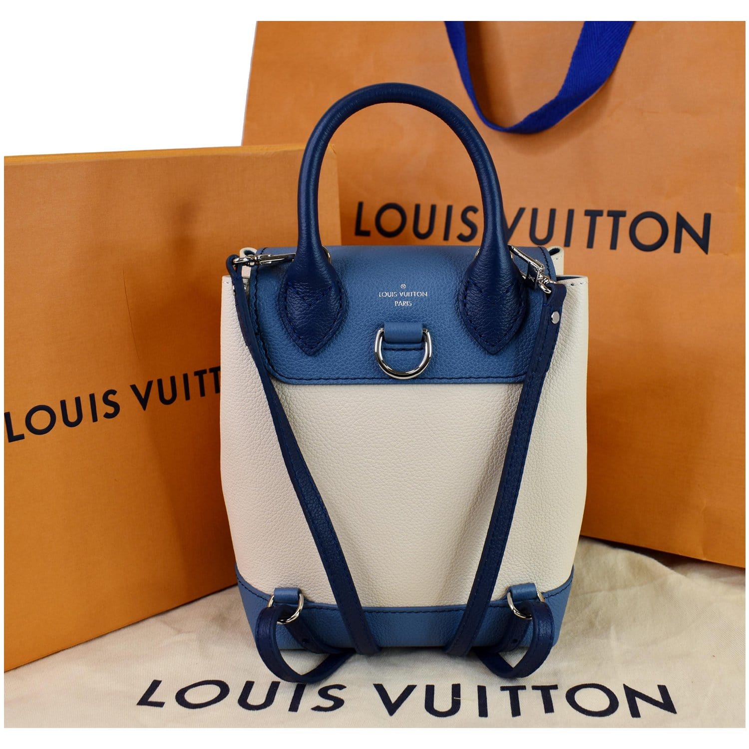 e louis vuitton lockme backpack LOUIS VUITTON Lockme Calfskin Leather Backpack Blue/Beige