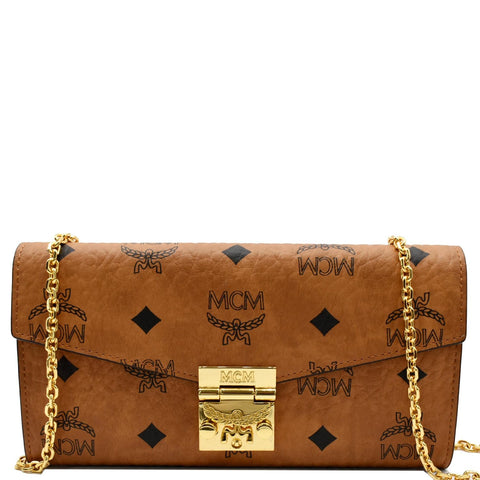 MCM Patricia Visetos Monogram Crossbody Chain Wallet Cognac