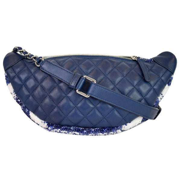 Chanel Sequin Fanny Pack Leather Waist Bag Blue