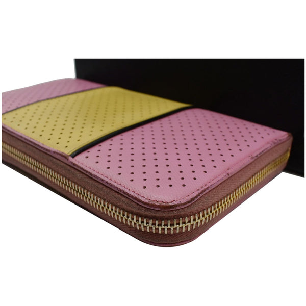 PRADA Striped Perforated Saffiano Leather Zip Around Wallet Pink/Yellow