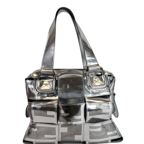 FENDI Crossword Metallic Perforated Leather Shoulder Bag Silver