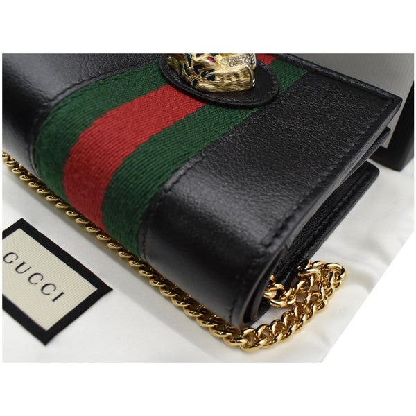 Gucci Rajah Web Leather Card Case Chain Wallet Black