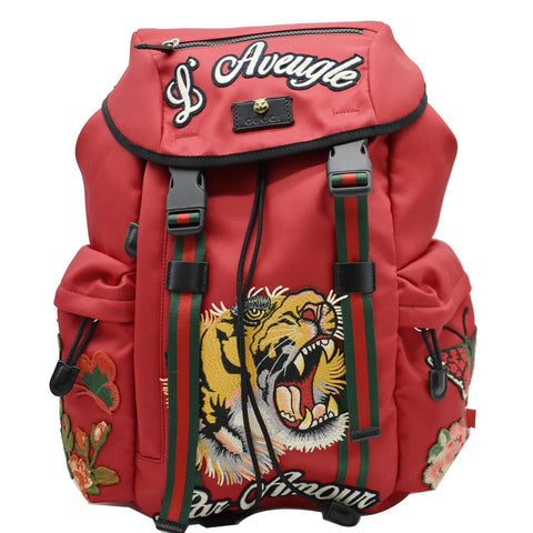 GUCCI L'Aveugle Par Amour Embroidered Nylon Double Buckle Backpack Red 429037