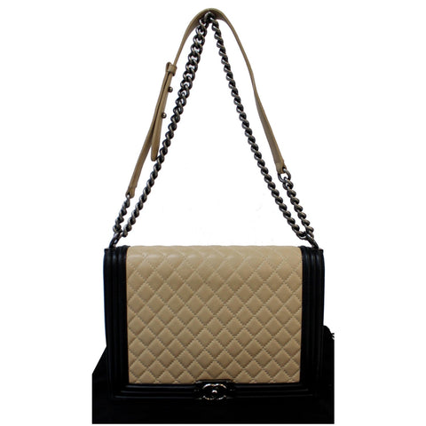 CHANEL Bi-Color Large Boy Flap Quilted Lambskin Leather Shoulder Bag Beige