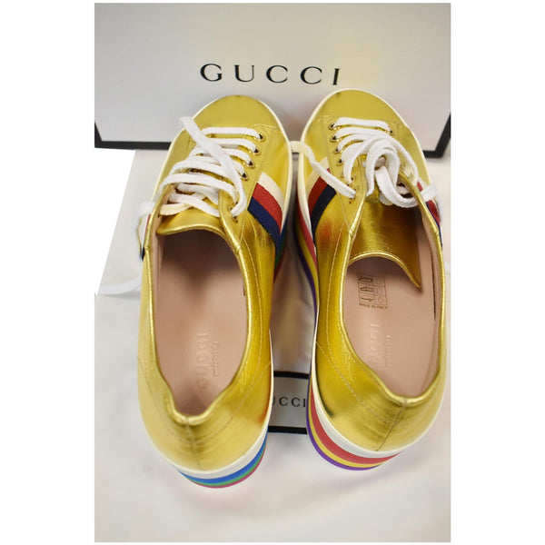 GUCCI Peggy Rainbow Metallic Nappa Silk Platform Sneakers Gold 474538 Size 36 - Final Sale