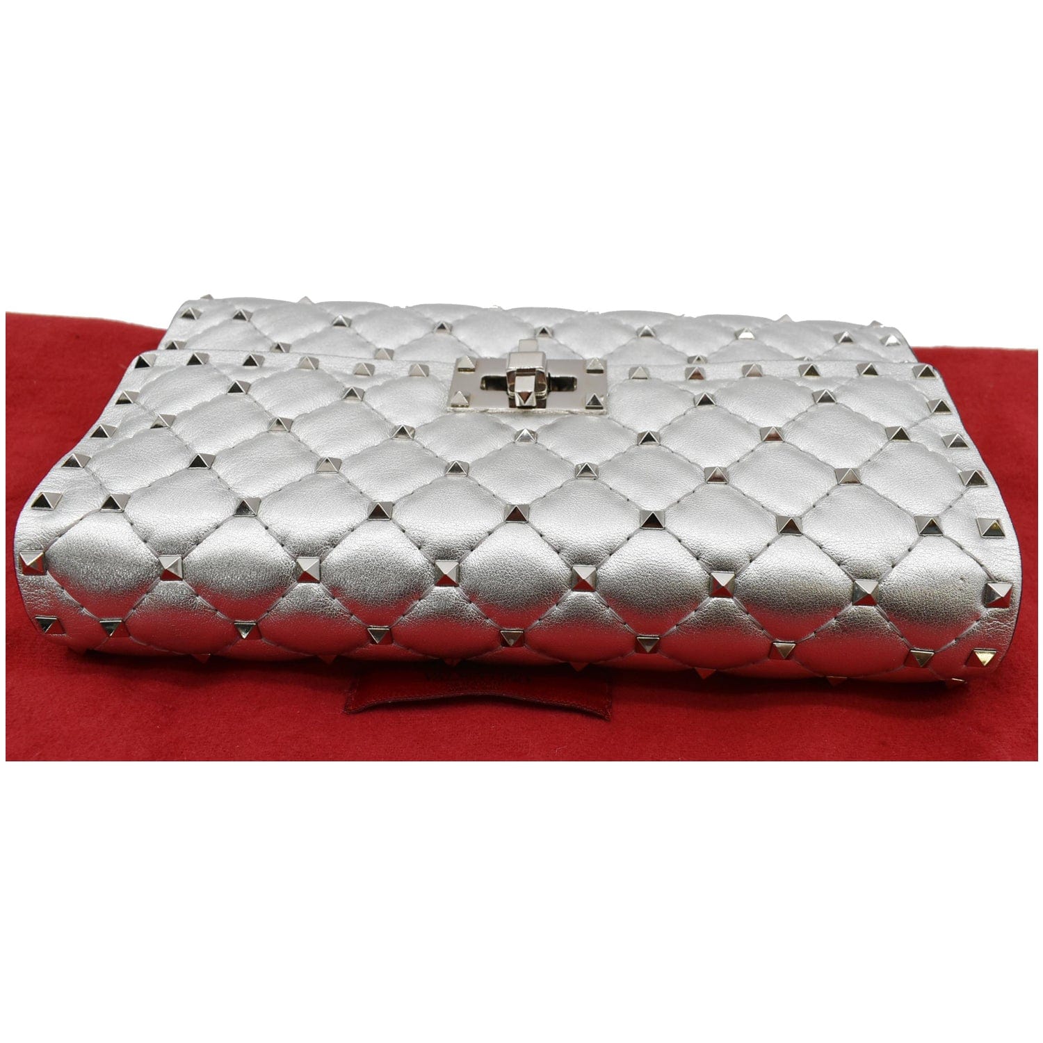 VALENTINO Rockstud Spike Nappa Leather Clutch Bag Metallic Silver