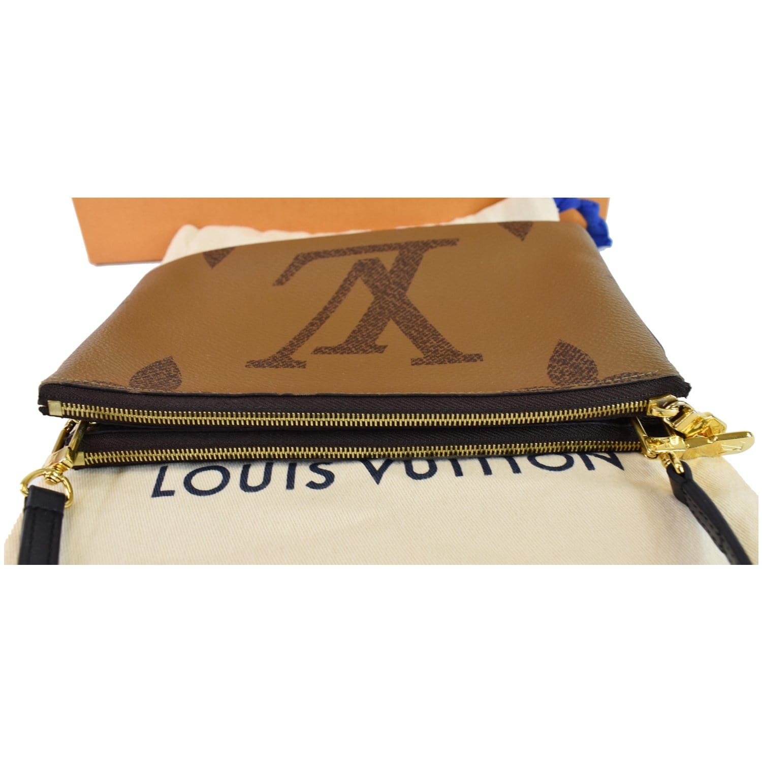 Louis Vuitton Brown, Pattern Print Monogram Giant Reverse Double Zip Pochette