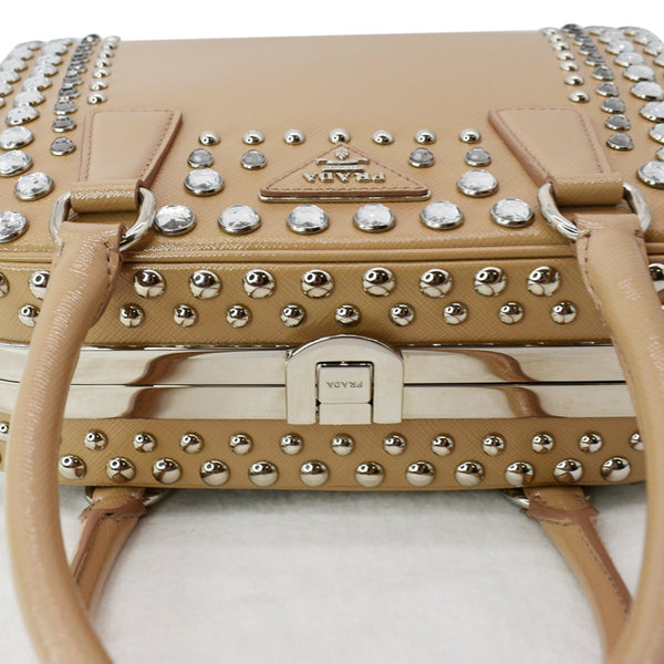 PRADA Vernice Crystal Small Frame Studded Saffiano Leather Top Handle Bag Beige