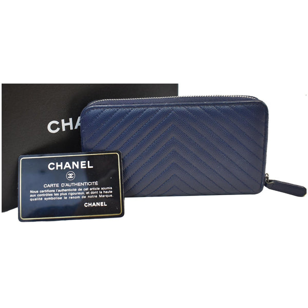CHANEL Large Gusset Caviar Chevron Quilted Zip Around Wallet Bright Blue