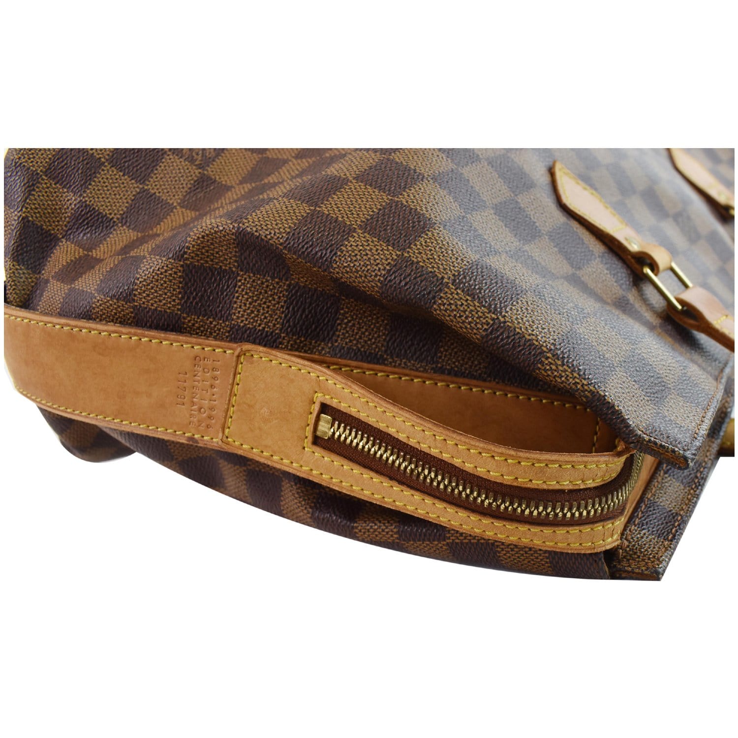 Shoulder Bag in Ebene Damier Canvas and Brown Leather