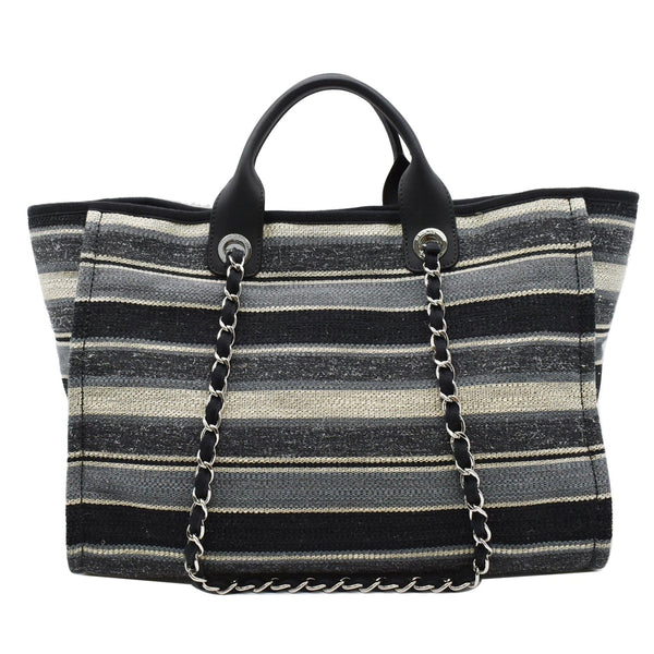 CHANEL Deauville Medium Striped Tweed Canvas Tote Bag Black/Grey