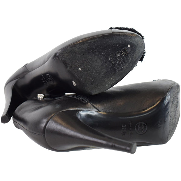 CHANEL Camellia Front Ankle Leather Heel Boots Black US 7.5
