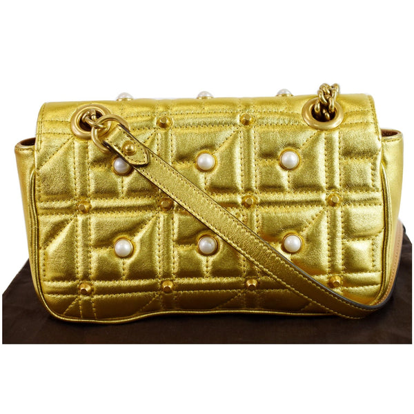 GUCCI GG Marmont Mini Pearl Studded Leather Shoulder Bag Gold 446744