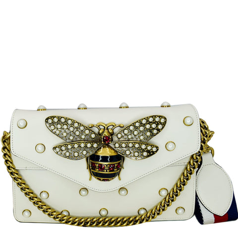GUCCI Broadway Pearl Bee Leather Crossbody Bag White 453778
