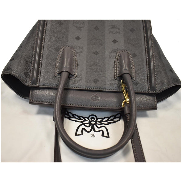 MCM Kathy Visetos Logo Printed Leather Tote Shoulder Bag Grey