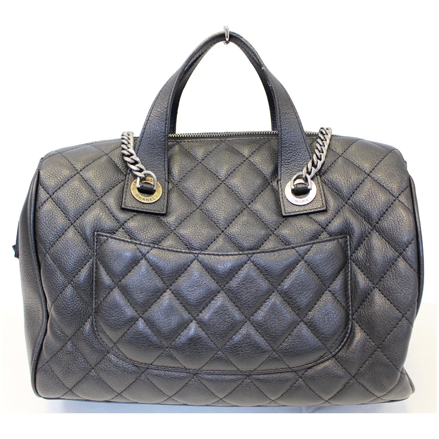 Chanel Gris Clair Quilted Iridescent Calfskin Leather Chic Quilt Large Bowling Bag