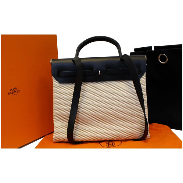 HERMES Herbag PM 30cm Leather Toile Bag Black/Off White-US