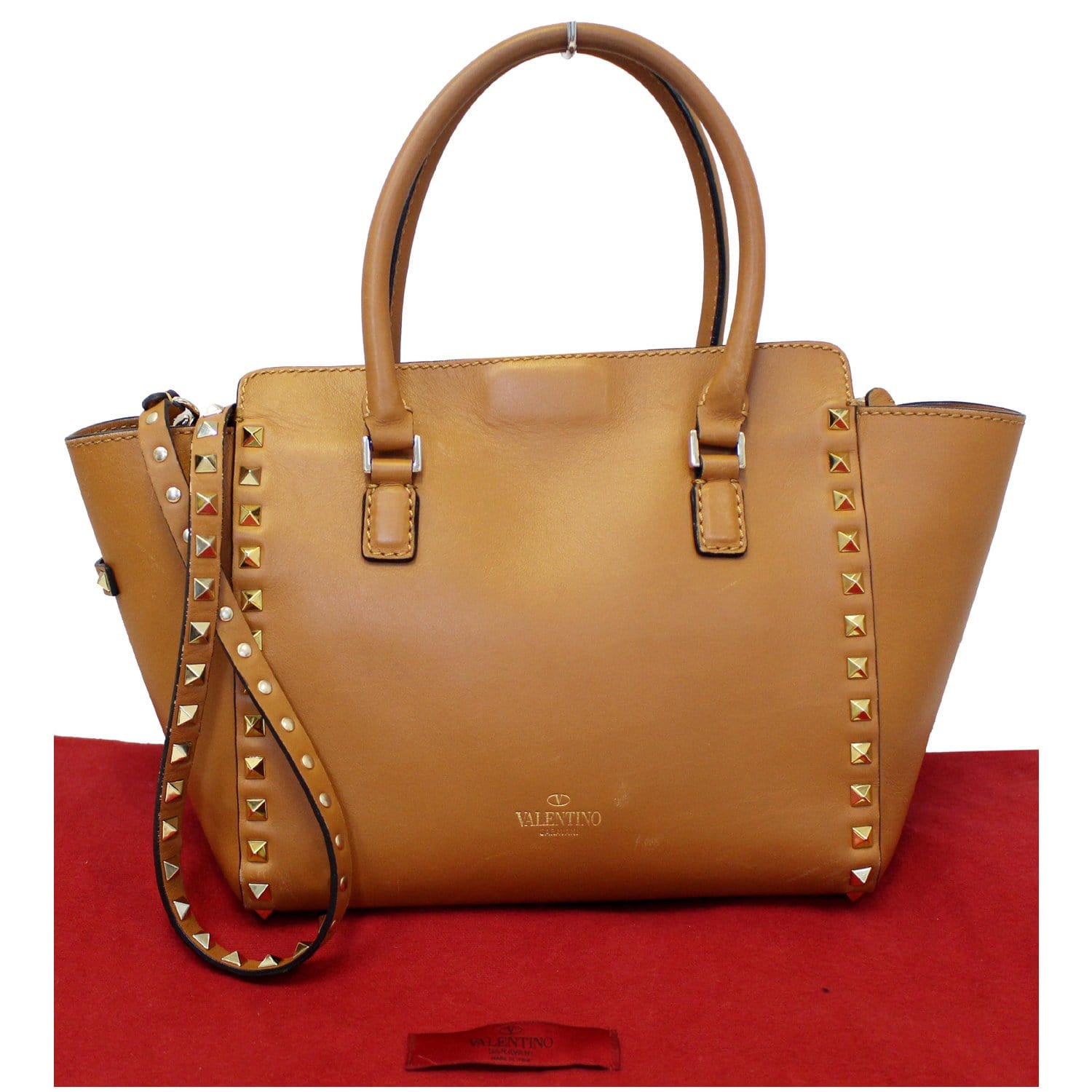 VALENTINO Rockstud Small Double Handle Leather Tote Bag Camel Brown-US