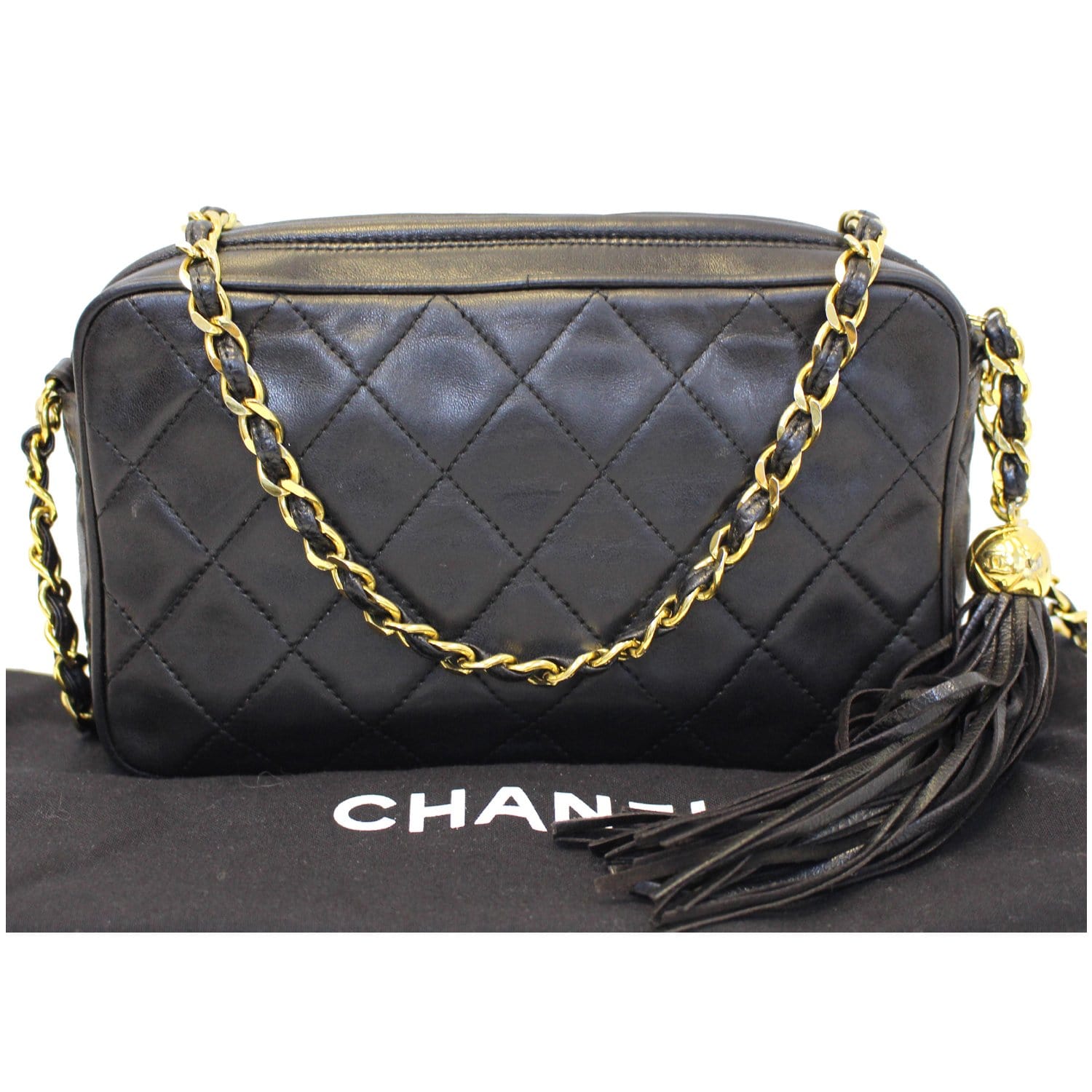 CHANEL Lamb Skin Chain Shoulder Bag Flame Purse Fringe Black CC
