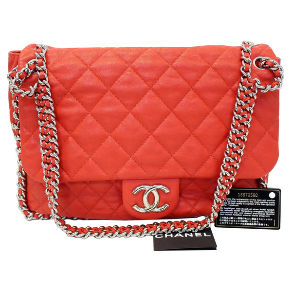 CHANEL Maxi Chain Around Quilted Leather Flap Shoulder Bag Red