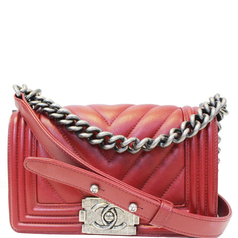CHANEL Small Chevron Boy Calfskin Leather Flap Bag Burgundy