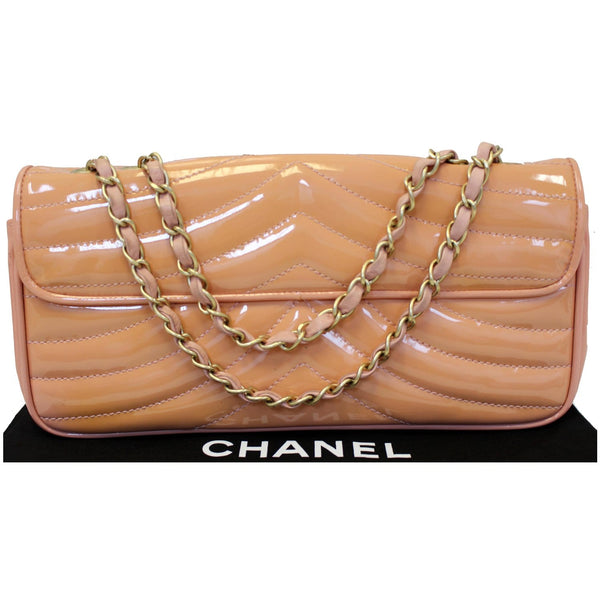 Chanel Flap Shoulder Bag Patent Leather Peach front view