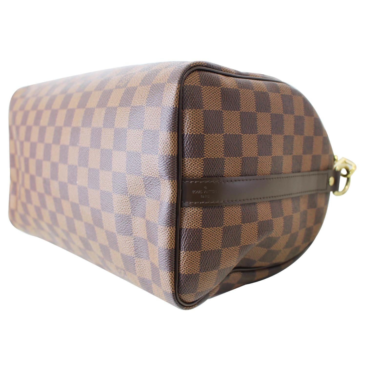 LOUIS VUITTON, PATCHES SPEEDY 30 BANDOULIERE OF DAMIER EBENE CANVAS WITH  POLISHED BRASS HARDWARE, Handbags & Accessories, 2020