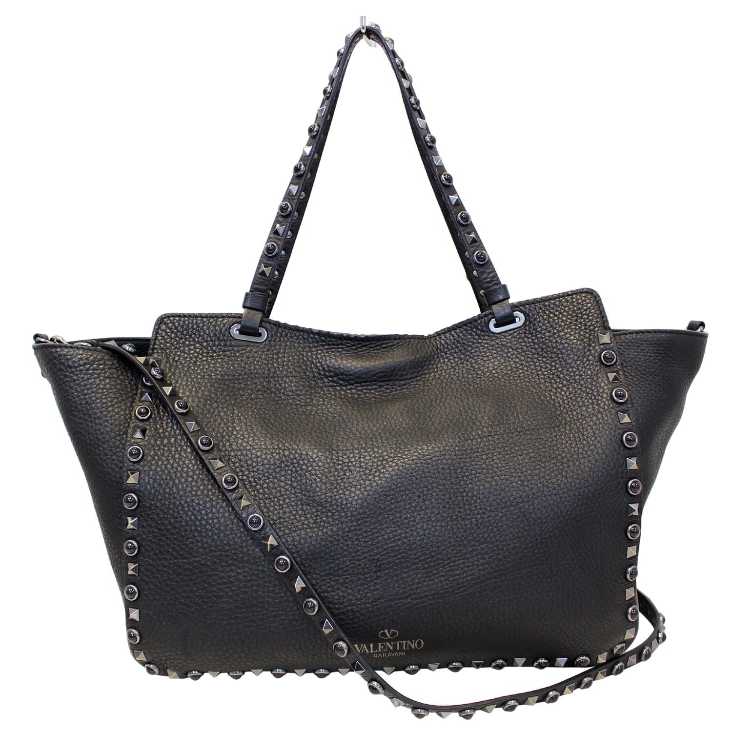 Piping århundrede fange Valentino Rockstud Noir Black Leather Medium Tote Shoulder Bag-US