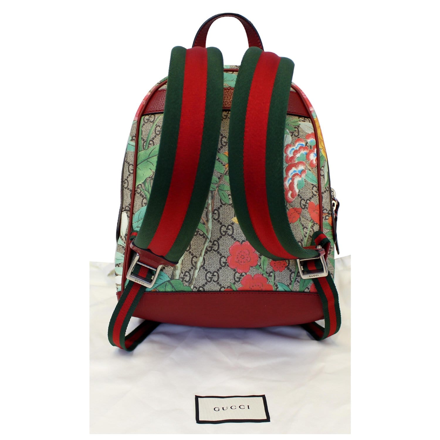 Authentic GUCCI limited edition imprime monogram black unisex backpack with  padded green and red shoulder straps. Excellent condition for Sale in