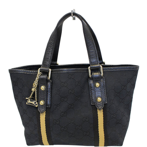 GUCCI Black GG Canvas Jolicoeur Yellow Stripe Small Tote Bag