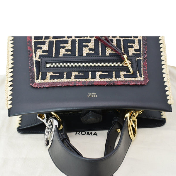 FENDI Raffia Embroidered Python Leather Shoulder Bag Black